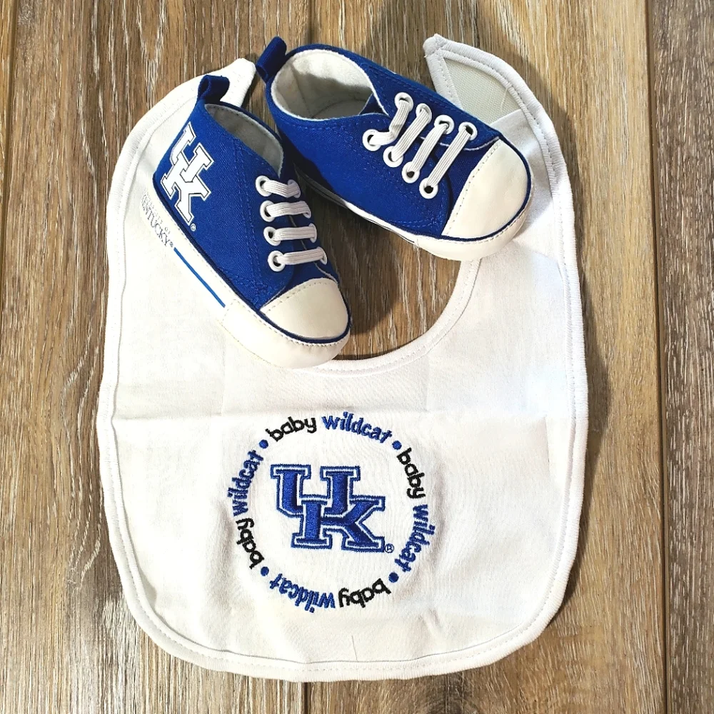 University of Kentucky Blue and White Set Of 2 Baby Bibs And 1 Pair Crib Shoes